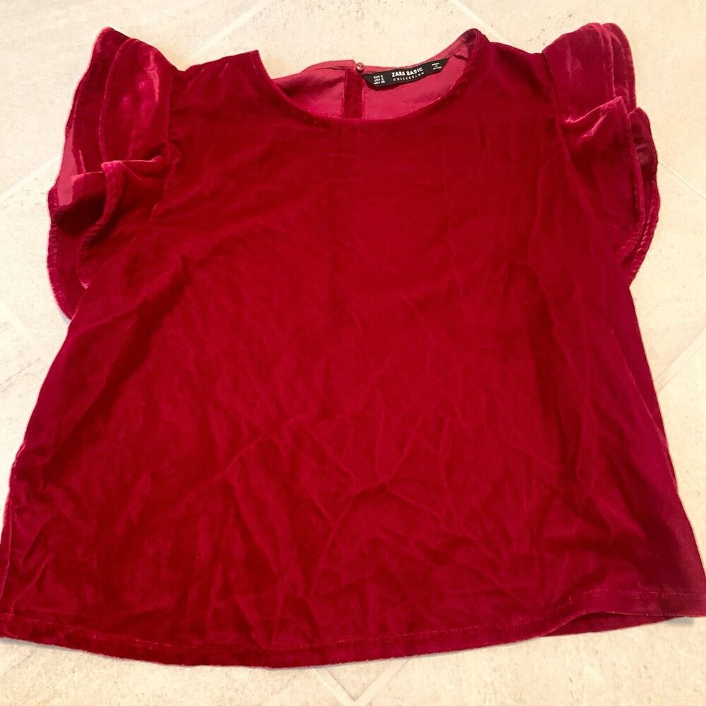 Zara Red Velvet short sleeve Blouse With Ruffles Size S
